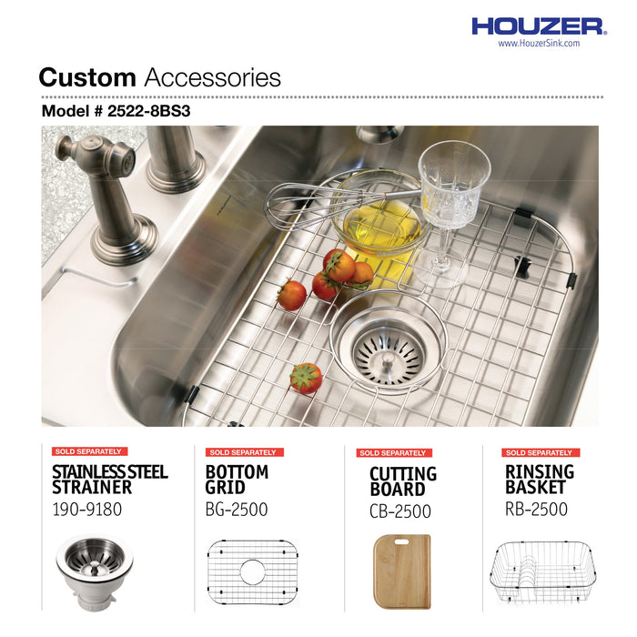 Houzer 2522-8BS3-1 Glowtone 25" Stainless Steel Drop-in Topmount 3-Hole Single Bowl 8" Deep Kitchen Sink