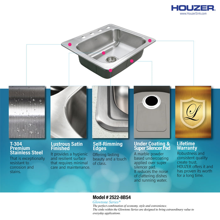 Houzer 2522-8BS4-1 Glowtone 25" Stainless Steel Drop-in Topmount 4-Hole Single Bowl 8" Deep Kitchen Sink