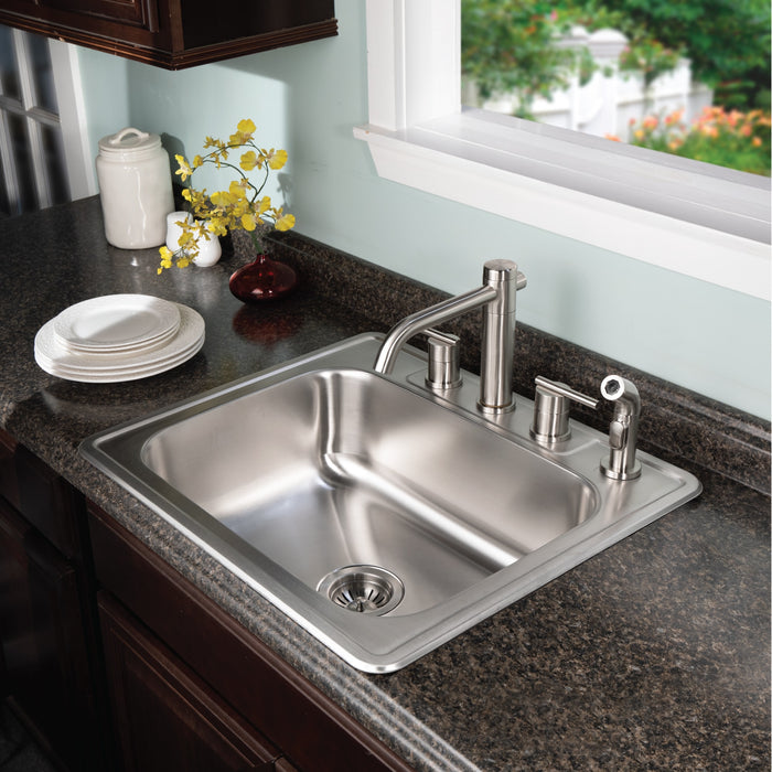 Houzer 2522-8BS4-C Glowtone 25" Stainless Steel Drop-in Topmount 4-Hole Single Bowl 8" Deep Kitchen Sink with Strainer