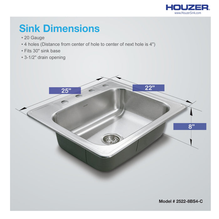 Houzer 2522-8BS4-C Glowtone 25" Stainless Steel Drop-in Topmount 4-Hole Single Bowl 8" Deep Kitchen Sink with Strainer