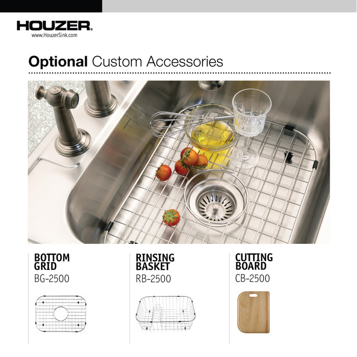 Houzer 2522-8BS4-C Glowtone 25" Stainless Steel Drop-in Topmount 4-Hole Single Bowl 8" Deep Kitchen Sink with Strainer