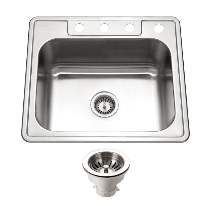 Houzer 2522-8BS4-C Glowtone 25" Stainless Steel Drop-in Topmount 4-Hole Single Bowl 8" Deep Kitchen Sink with Strainer