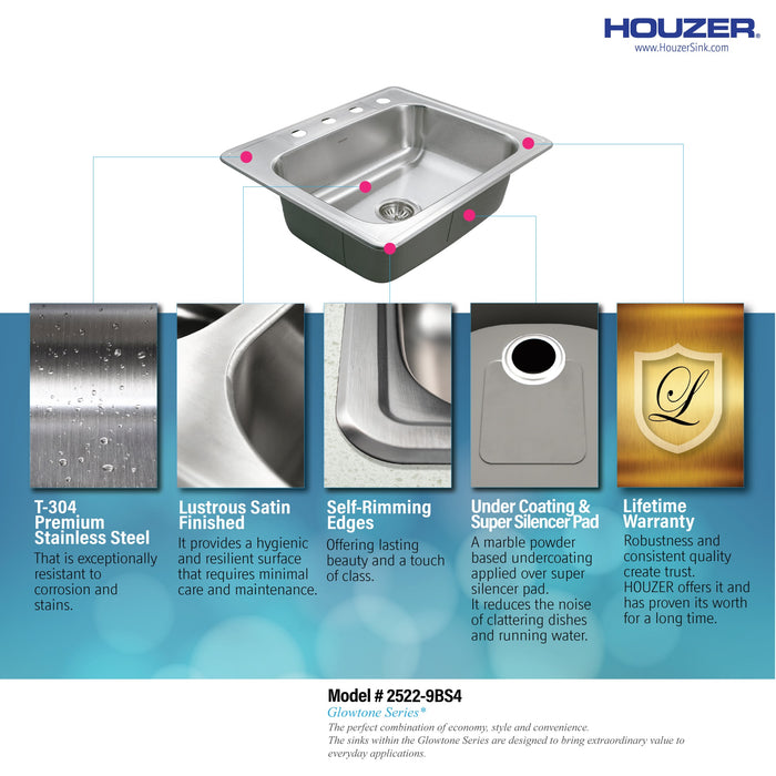 Houzer 2522-9BS4-1 Glowtone 25" Stainless Steel Drop-in Topmount 4-Hole Single Bowl 9" Deep Kitchen Sink