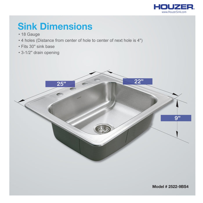 Houzer 2522-9BS4-1 Glowtone 25" Stainless Steel Drop-in Topmount 4-Hole Single Bowl 9" Deep Kitchen Sink
