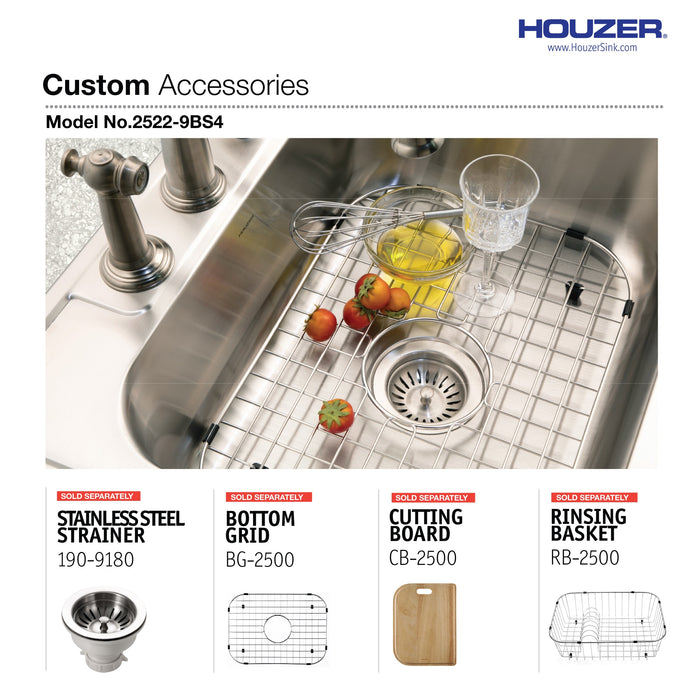 Houzer 2522-9BS4-1 Glowtone 25" Stainless Steel Drop-in Topmount 4-Hole Single Bowl 9" Deep Kitchen Sink