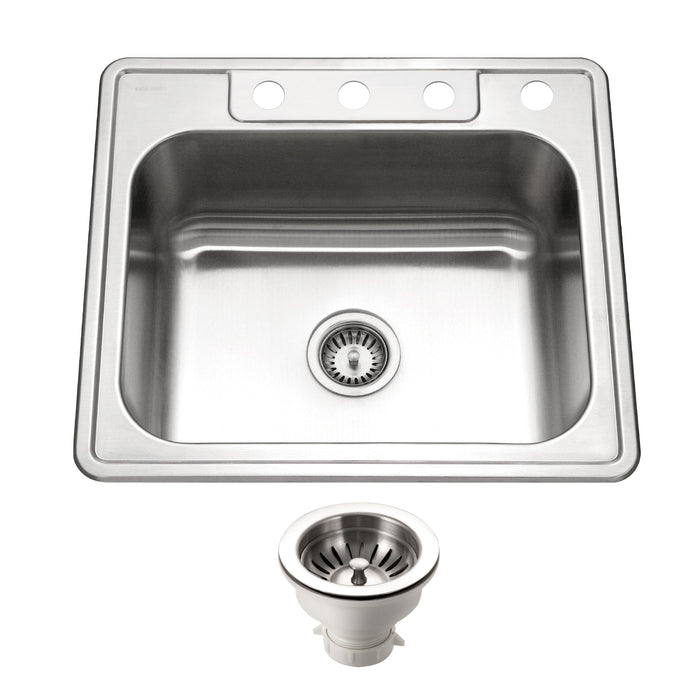 Houzer 2522-9BS4-C Glowtone 25" Stainless Steel Drop-in Topmount 4-Hole Single Bowl 9" Deep Kitchen Sink with Strainer