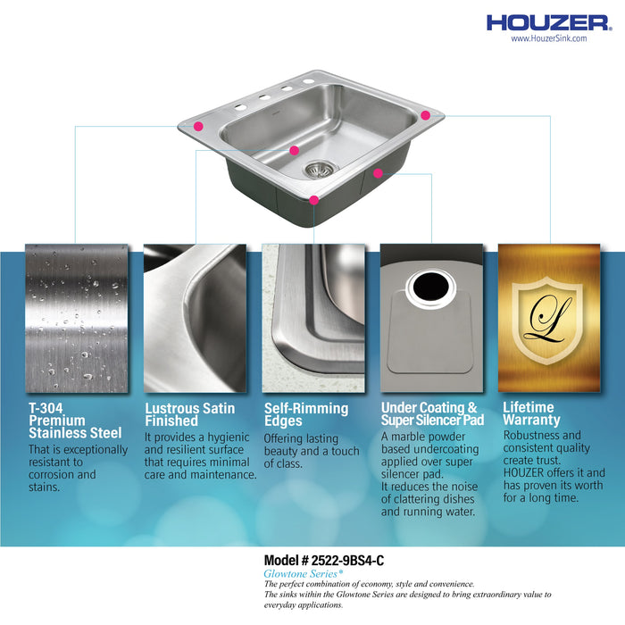 Houzer 2522-9BS4-C Glowtone 25" Stainless Steel Drop-in Topmount 4-Hole Single Bowl 9" Deep Kitchen Sink with Strainer