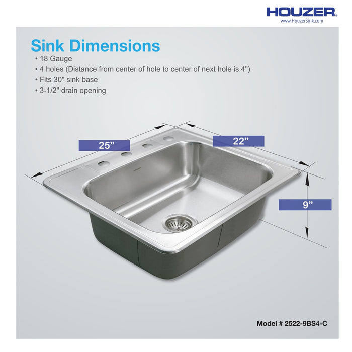 Houzer 2522-9BS4-C Glowtone 25" Stainless Steel Drop-in Topmount 4-Hole Single Bowl 9" Deep Kitchen Sink with Strainer