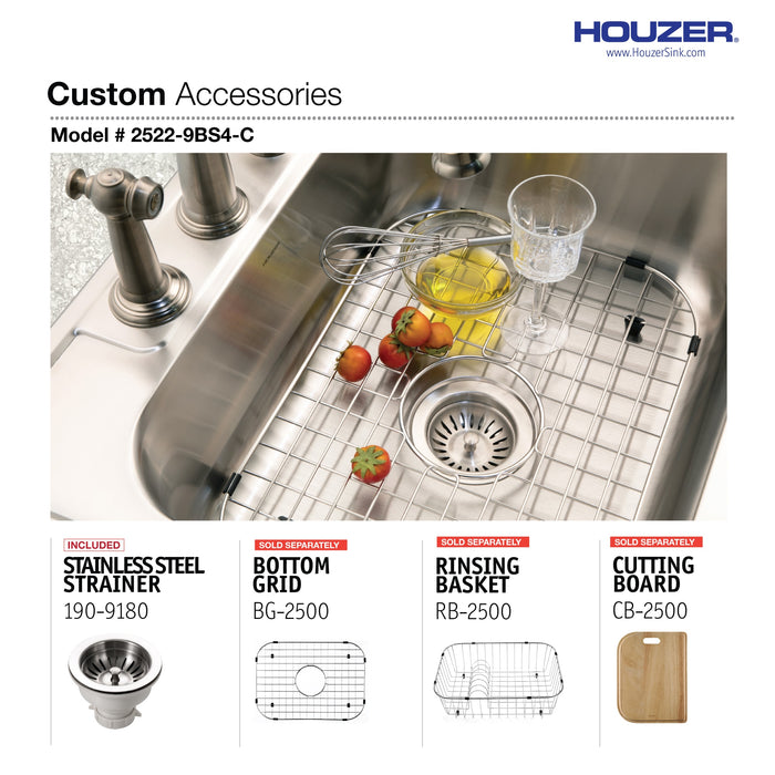 Houzer 2522-9BS4-C Glowtone 25" Stainless Steel Drop-in Topmount 4-Hole Single Bowl 9" Deep Kitchen Sink with Strainer
