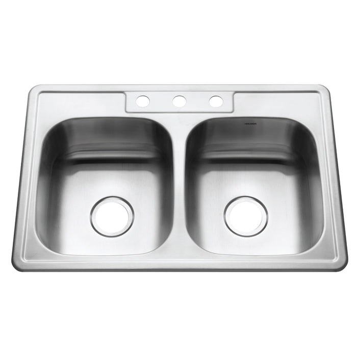 Houzer 3322-8BS3-1 Glowtone 33" Stainless Steel Drop-in Topmount 3-Hole 50/50 Double Bowl 8" Deep Kitchen Sink