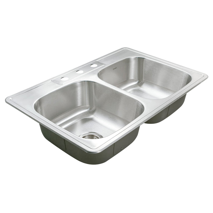 Houzer 3322-8BS3-1 Glowtone 33" Stainless Steel Drop-in Topmount 3-Hole 50/50 Double Bowl 8" Deep Kitchen Sink