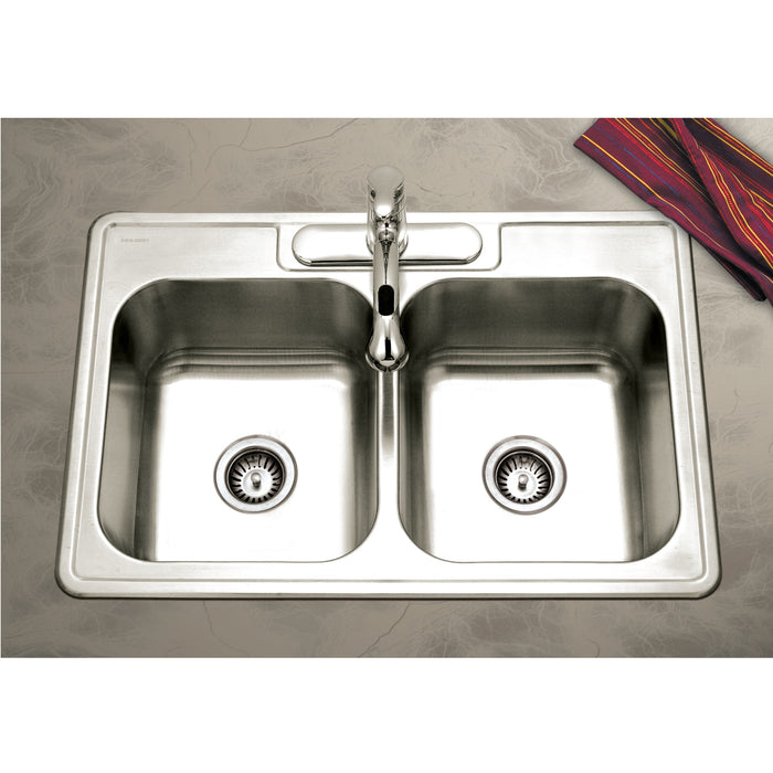 Houzer 3322-8BS3-1 Glowtone 33" Stainless Steel Drop-in Topmount 3-Hole 50/50 Double Bowl 8" Deep Kitchen Sink