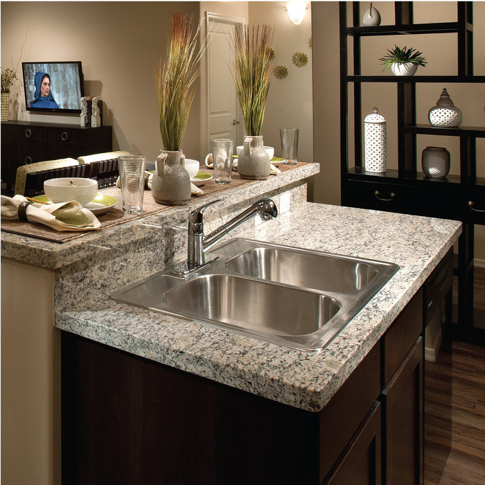 Houzer 3322-8BS3-1 Glowtone 33" Stainless Steel Drop-in Topmount 3-Hole 50/50 Double Bowl 8" Deep Kitchen Sink