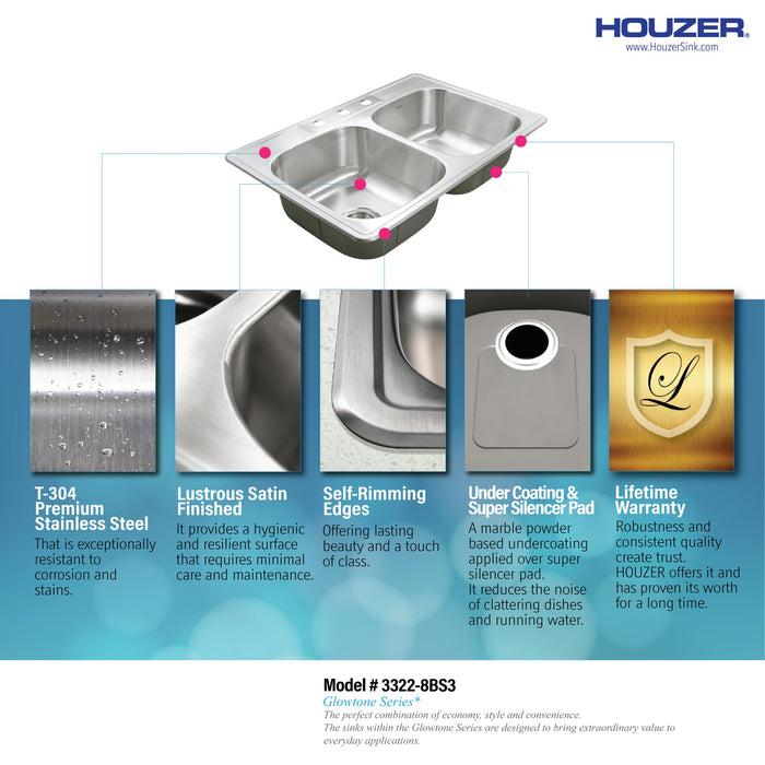 Houzer 3322-8BS3-1 Glowtone 33" Stainless Steel Drop-in Topmount 3-Hole 50/50 Double Bowl 8" Deep Kitchen Sink