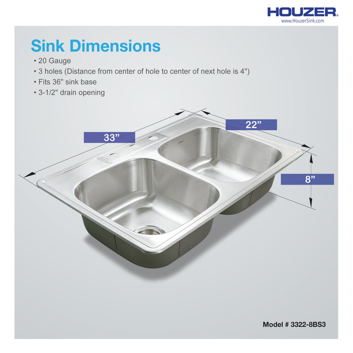 Houzer 3322-8BS3-1 Glowtone 33" Stainless Steel Drop-in Topmount 3-Hole 50/50 Double Bowl 8" Deep Kitchen Sink