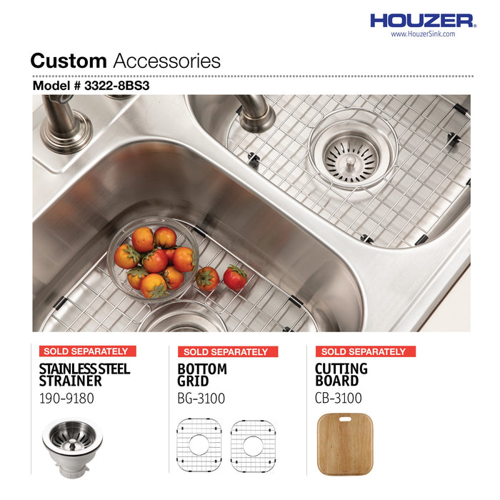 Houzer 3322-8BS3-1 Glowtone 33" Stainless Steel Drop-in Topmount 3-Hole 50/50 Double Bowl 8" Deep Kitchen Sink