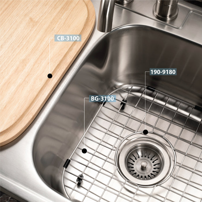 Houzer 3322-8BS3-1 Glowtone 33" Stainless Steel Drop-in Topmount 3-Hole 50/50 Double Bowl 8" Deep Kitchen Sink