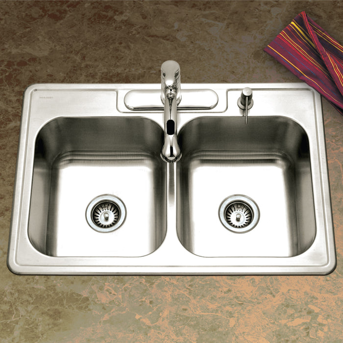 Houzer 3322-8BS4-1 Glowtone 33" Stainless Steel Drop-in Topmount 4-Hole 50/50 Double Bowl 8" Deep Kitchen Sink