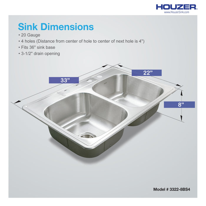 Houzer 3322-8BS4-1 Glowtone 33" Stainless Steel Drop-in Topmount 4-Hole 50/50 Double Bowl 8" Deep Kitchen Sink