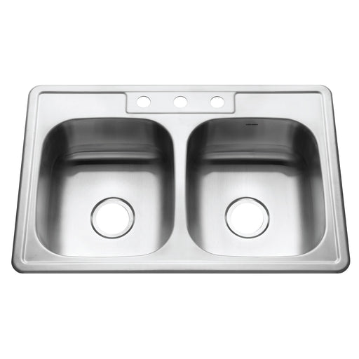 Houzer 3322-9BS3-1 Glowtone 33" Stainless Steel Drop-in Topmount 3-Hole 50/50 Double Bowl 9" Deep Kitchen Sink