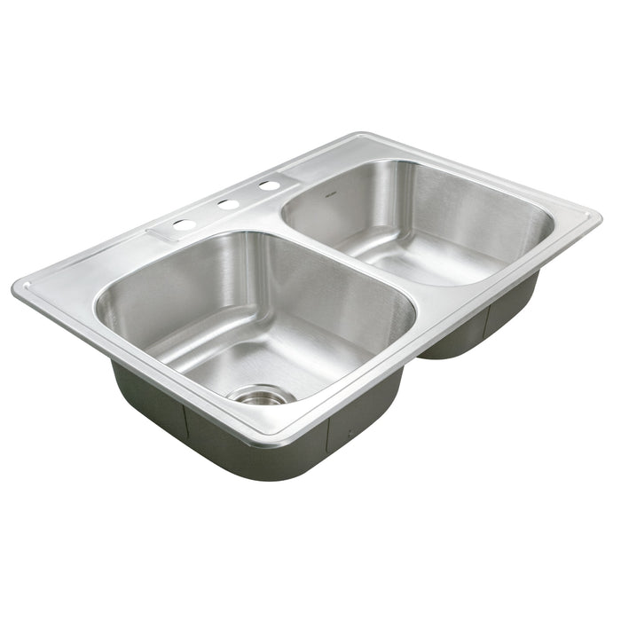 Houzer 3322-9BS3-1 Glowtone 33" Stainless Steel Drop-in Topmount 3-Hole 50/50 Double Bowl 9" Deep Kitchen Sink