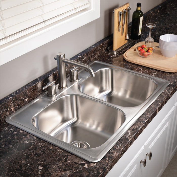 Houzer 3322-9BS3-1 Glowtone 33" Stainless Steel Drop-in Topmount 3-Hole 50/50 Double Bowl 9" Deep Kitchen Sink