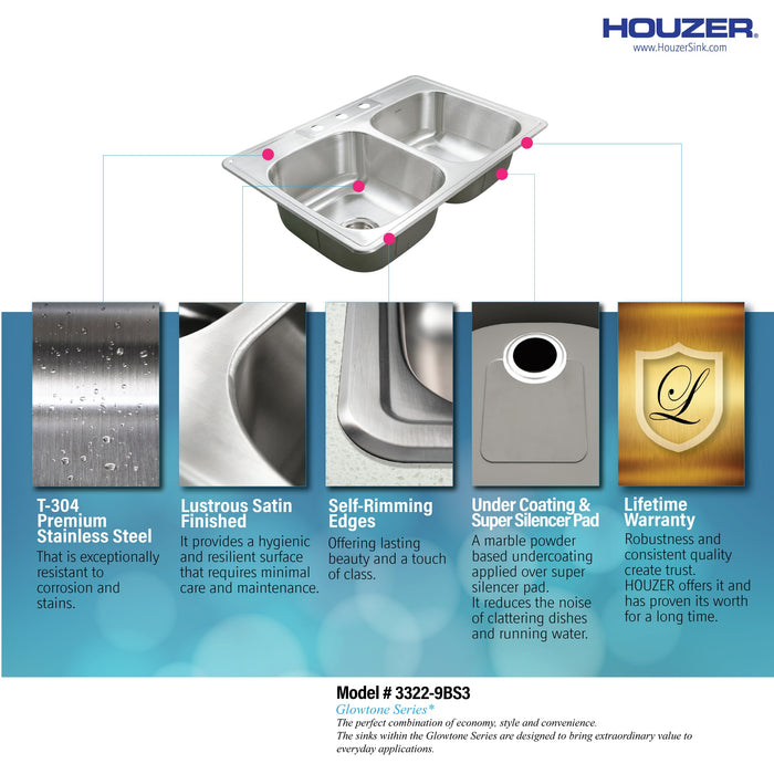 Houzer 3322-9BS3-1 Glowtone 33" Stainless Steel Drop-in Topmount 3-Hole 50/50 Double Bowl 9" Deep Kitchen Sink