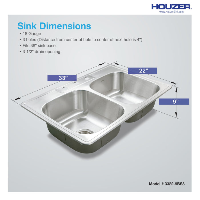 Houzer 3322-9BS3-1 Glowtone 33" Stainless Steel Drop-in Topmount 3-Hole 50/50 Double Bowl 9" Deep Kitchen Sink