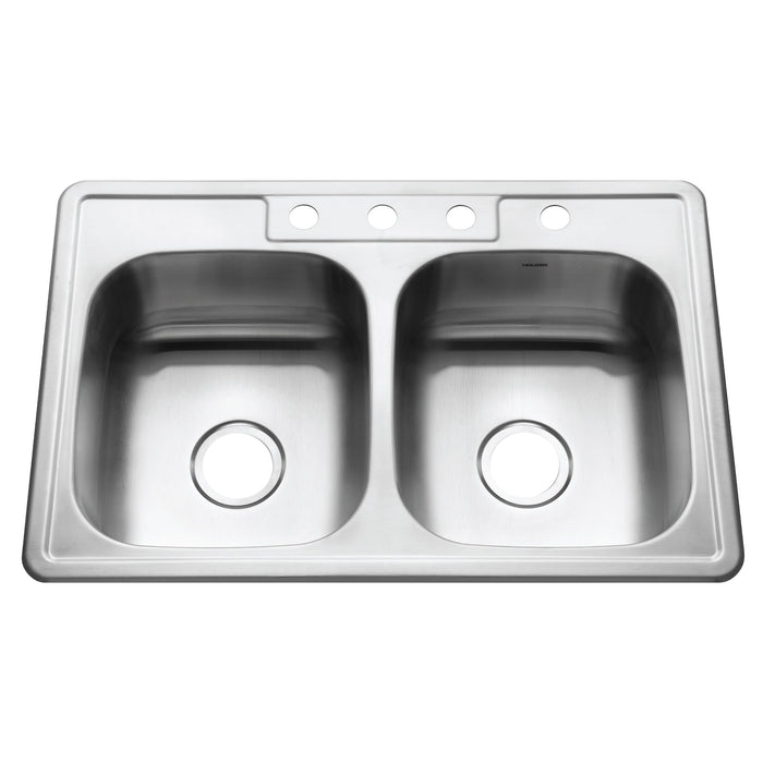 Houzer 3322-9BS4-1 Glowtone 33" Stainless Steel Drop-in Topmount 4-Hole 50/50 Double Bowl 9" Deep Kitchen Sink
