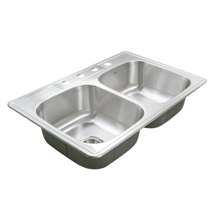 Houzer 3322-9BS4-1 Glowtone 33" Stainless Steel Drop-in Topmount 4-Hole 50/50 Double Bowl 9" Deep Kitchen Sink
