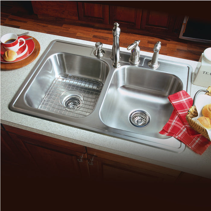 Houzer 3322-9BS4-1 Glowtone 33" Stainless Steel Drop-in Topmount 4-Hole 50/50 Double Bowl 9" Deep Kitchen Sink