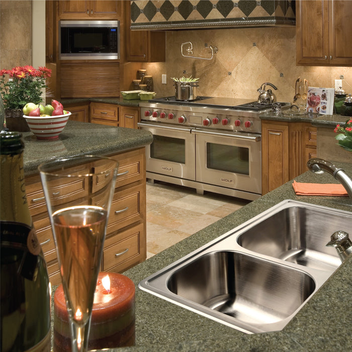 Houzer 3322-9BS4-1 Glowtone 33" Stainless Steel Drop-in Topmount 4-Hole 50/50 Double Bowl 9" Deep Kitchen Sink