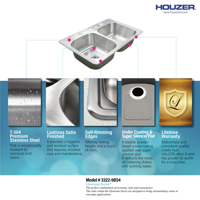 Houzer 3322-9BS4-1 Glowtone 33" Stainless Steel Drop-in Topmount 4-Hole 50/50 Double Bowl 9" Deep Kitchen Sink