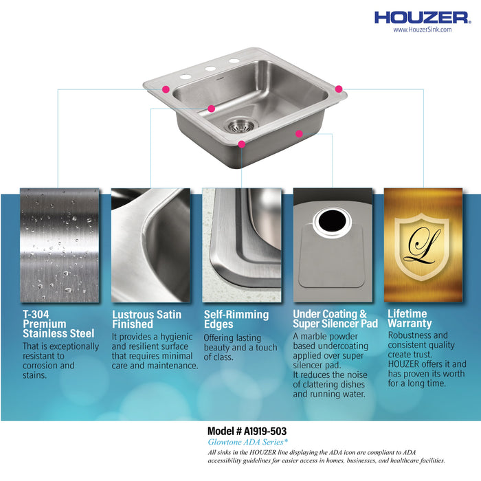 Houzer A1919-503-1 ADA Compliant 19" Stainless Steel Drop-in Topmount 3-Hole 5" Deep Single Bowl Kitchen Sink