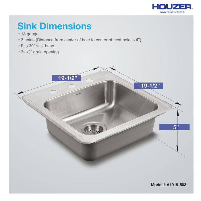 Houzer A1919-503-1 ADA Compliant 19" Stainless Steel Drop-in Topmount 3-Hole 5" Deep Single Bowl Kitchen Sink