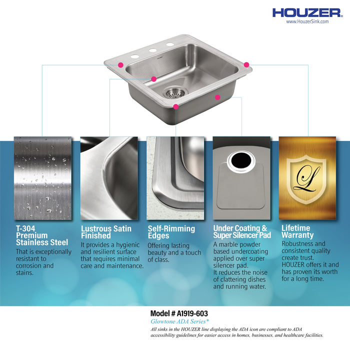 Houzer A1919-603-1 ADA Compliant 19" Stainless Steel Drop-in Topmount 3-Hole 5" Deep Single Bowl Kitchen Sink