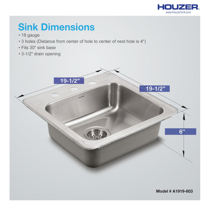 Houzer A1919-603-1 ADA Compliant 19" Stainless Steel Drop-in Topmount 3-Hole 5" Deep Single Bowl Kitchen Sink