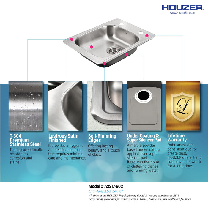 Houzer A2217-602-1 ADA Compliant 22" Stainless Steel Drop-in Topmount 2-Hole 6" Deep Single Bowl Kitchen Sink