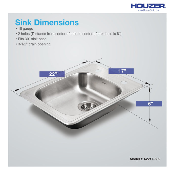 Houzer A2217-602-1 ADA Compliant 22" Stainless Steel Drop-in Topmount 2-Hole 6" Deep Single Bowl Kitchen Sink