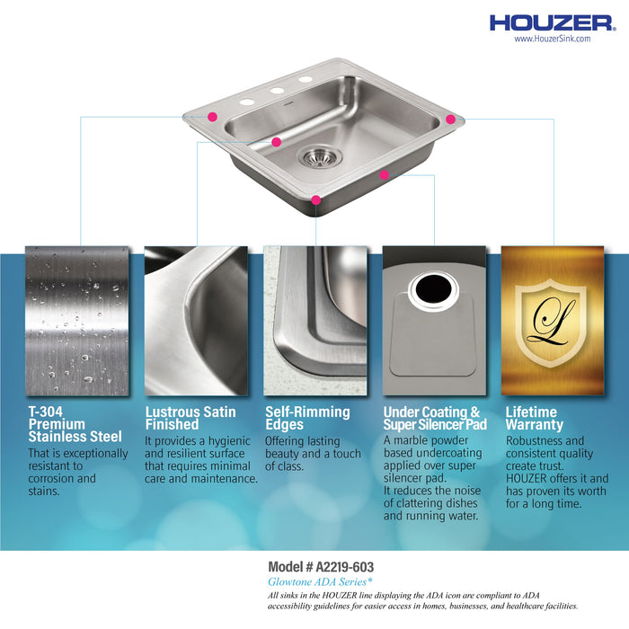 Houzer A2219-603-1 ADA Compliant 22" Stainless Steel Drop-in Topmount 3-Hole 6" Deep Single Bowl Kitchen Sink