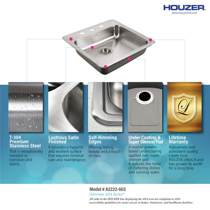 Houzer A2222-603-1 ADA Compliant 22" Stainless Steel Drop-in Topmount 3-Hole 6" Deep Single Bowl Kitchen Sink