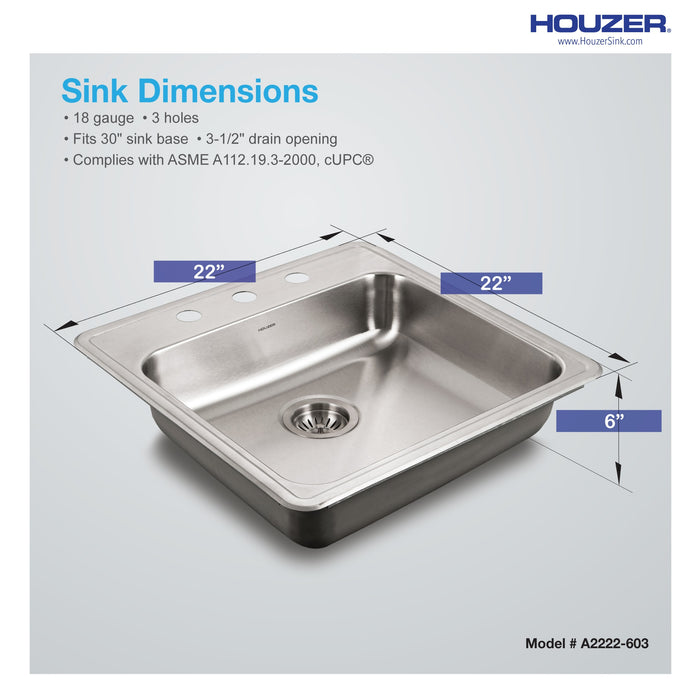 Houzer A2222-603-1 ADA Compliant 22" Stainless Steel Drop-in Topmount 3-Hole 6" Deep Single Bowl Kitchen Sink