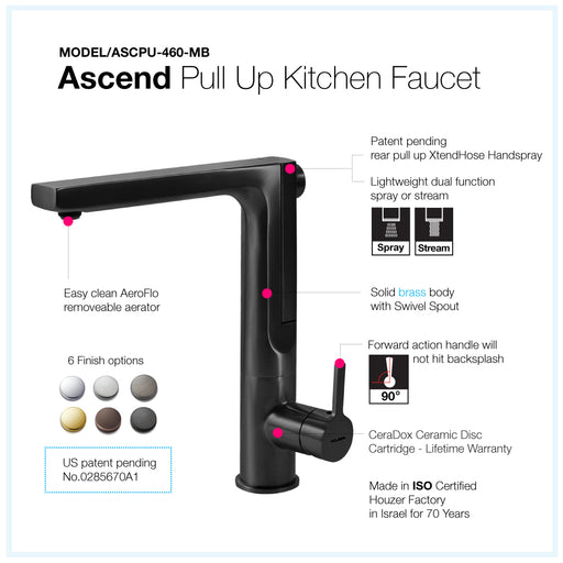 Houzer ASCPU-460-MB Ascend Series Matte Black Integrated Single Handle Pull-Up Kitchen Faucet