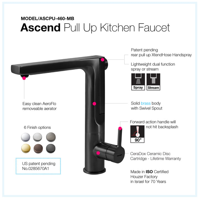 Houzer ASCPU-460-MB Ascend Series Matte Black Integrated Single Handle Pull-Up Kitchen Faucet