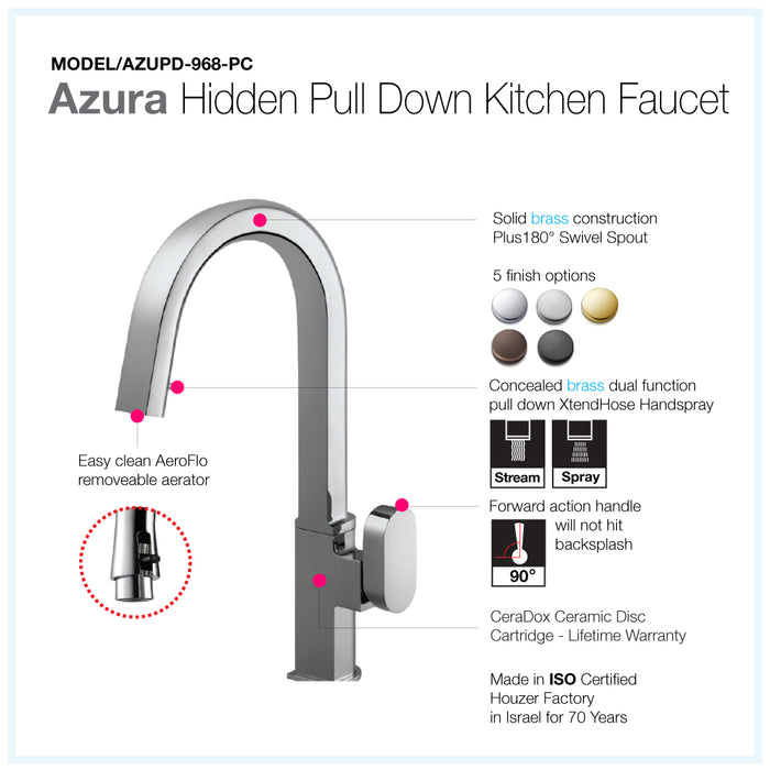 Houzer AZUPD-968-PC Azura Series Polished Chrome Single Handle Hidden Pull-Down Kitchen Faucet