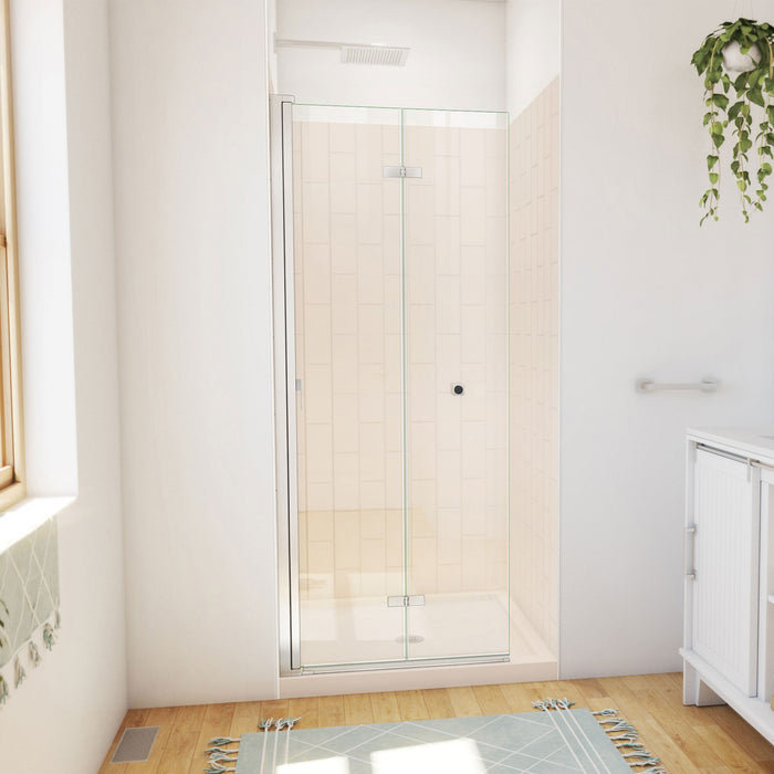 DreamLine DL-6527QC-22-04 Aqua-Q Fold 32" D x 32" W x 76 3/4" H Frameless Bi-Fold Shower Door in Brushed Nickel with Biscuit Base and Walls Kit