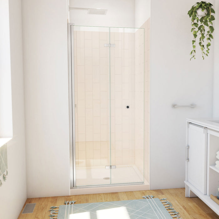 DreamLine DL-6526QC-22-04 Aqua-Q Fold 36" D x 36" W x 76 3/4" H Frameless Bi-Fold Shower Door in Brushed Nickel with Biscuit Base and Walls Kit