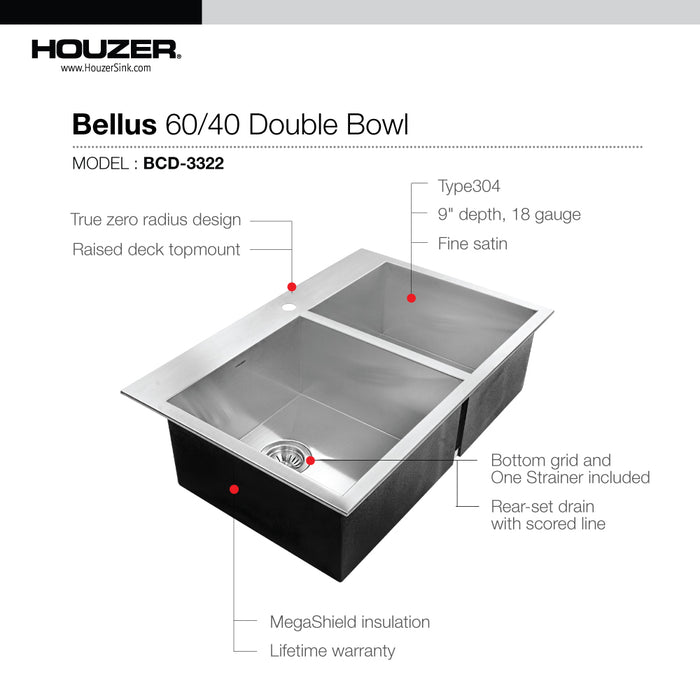 Houzer BCD-3322 Bellus 33" Stainless Steel Drop-in Topmount 1-Hole 60/40 Double Bowl Kitchen Sink