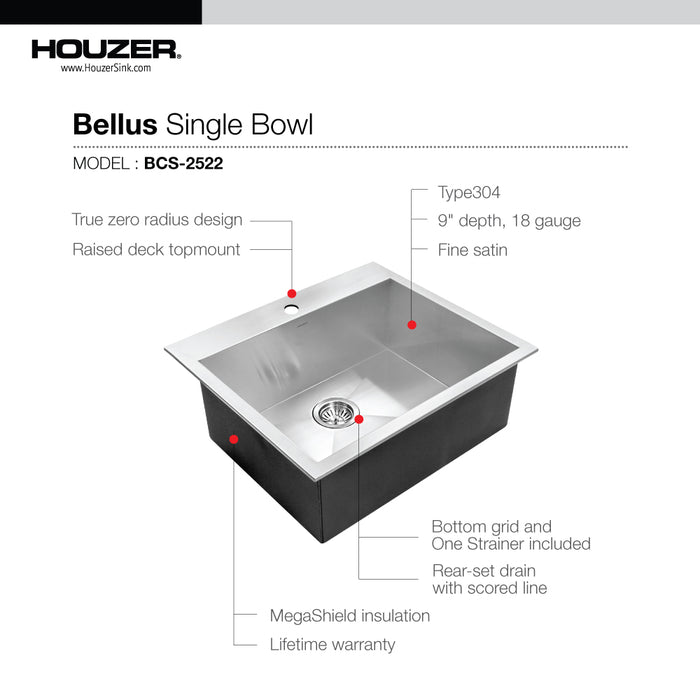 Houzer BCS-2522 Bellus 25" Stainless Steel Drop-in Topmount 1-Hole Single Bowl Kitchen Sink
