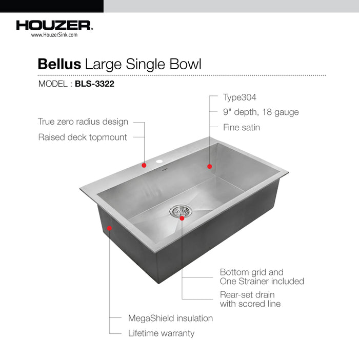 Houzer BLS-3322 Bellus 33" Stainless Steel Drop-in Topmount 1-Hole Single Bowl Kitchen Sink with Strainer & Grid